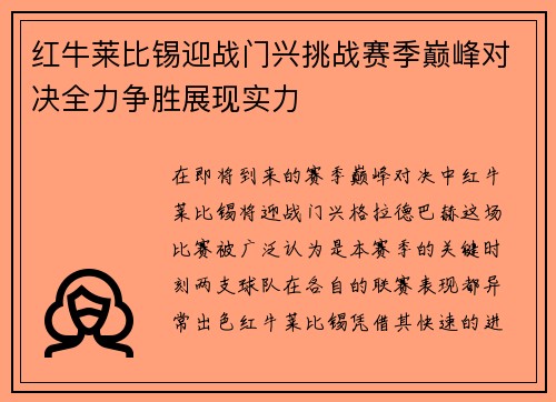 红牛莱比锡迎战门兴挑战赛季巅峰对决全力争胜展现实力